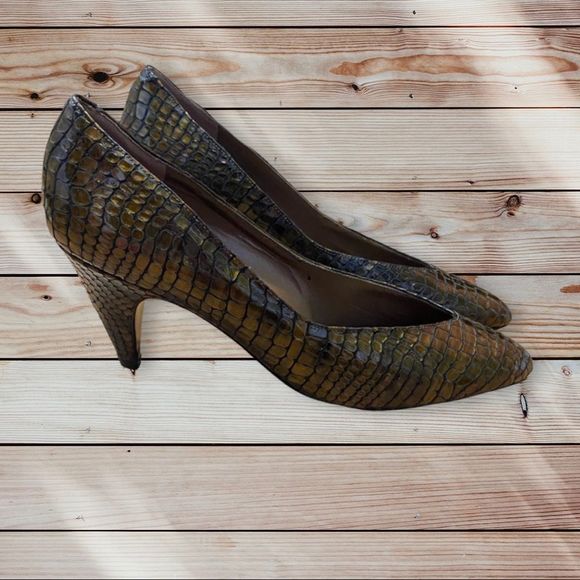 PREVATA • Vintage Italian Leather, Snakeskin Embossed Heels, Size 7
